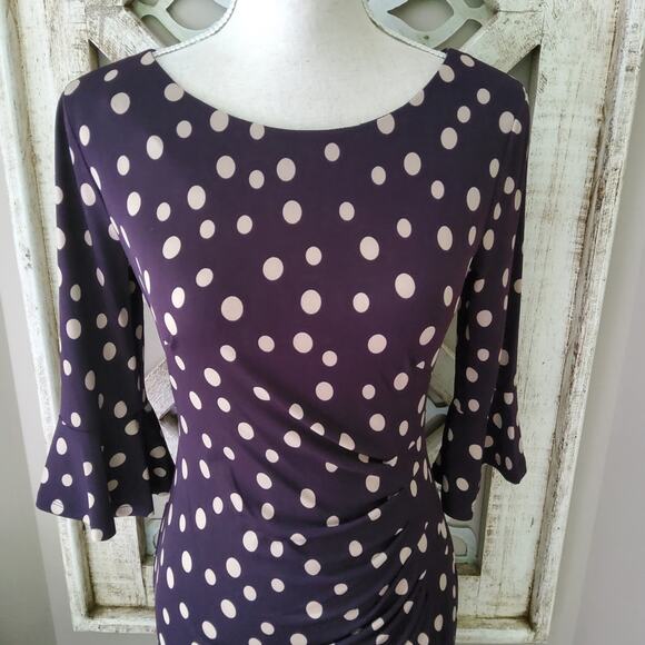 Connected Apparel Women Petite Flounce Bell Sleeve Faux Wrap Midi Sheath Dress - Picture 3 of 10